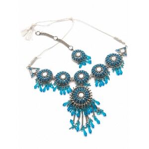Boho Blue Beaded Bib Necklace Set Statement Necklace Headpiece Festival Jewelry